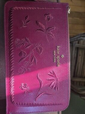 Kate Spade New York Embroidered Saffiano Leather Wristlet Pouch - Deep Berry